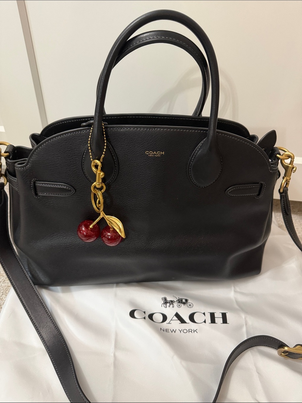 Coach Empire 40 Black Leather Satchel with Cherry Charm Accent